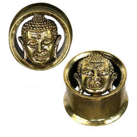 Load image into Gallery viewer, Messing Tunnel golden Buddha Kopf plastisch 3D double flared oxidiert
