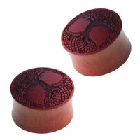 Load image into Gallery viewer, Two round, brown "Plug braun Holz Baum des Lebens dunkel Gravur Flechtrand" ear plugs with engraved Lebensbaum tree and braided border design, shown from multiple angles.
