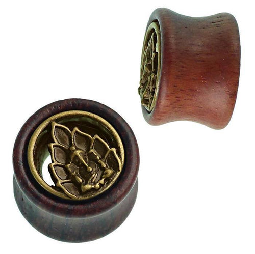 Holz Tunnel Ganesha vor Lotusblüte Brass Inlay antik golden Tribal Plug Expander