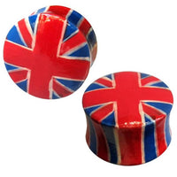Load image into Gallery viewer, These Holz Plug Union Jack Flagge rot blau weiß Teakholz Ohrstecker feature a glossy Union Jack design in red, blue, and white—perfect unisex Ohrschmuck for a bold and stylish look.
