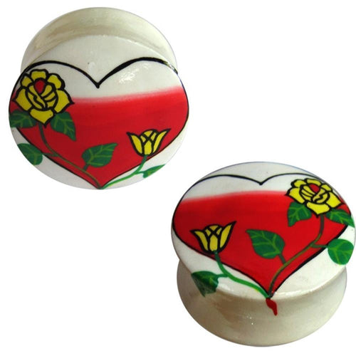 Holz Plug Herz Rose gelb rot weiß Tunnel Unisex Ohrschmuck Teakholz Ohrstecker Ohrringe Expander