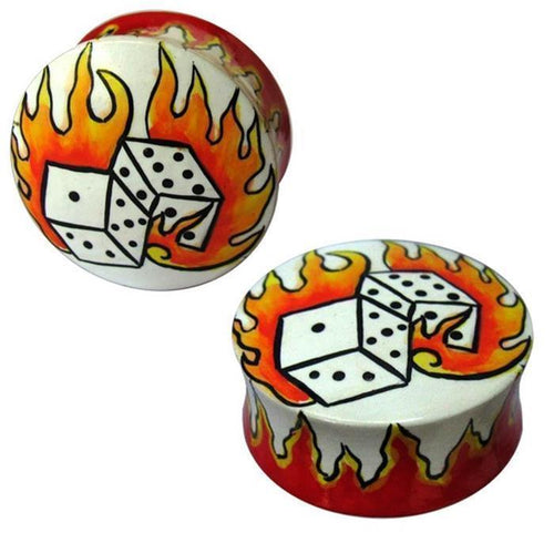 The Holz Plug Würfel Flammen rot weiß features two white Teakholz plugs with dice and red flame designs on the front and edges, making these unisex tunnel earrings a bold addition to your ear jewelry collection.