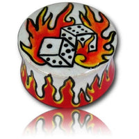 Load image into Gallery viewer, The Holz Plug Würfel Flammen rot weiß Tunnel features a round teakwood plug with flame patterns and two black-and-white dice on top, creating bold unisex expander earrings.
