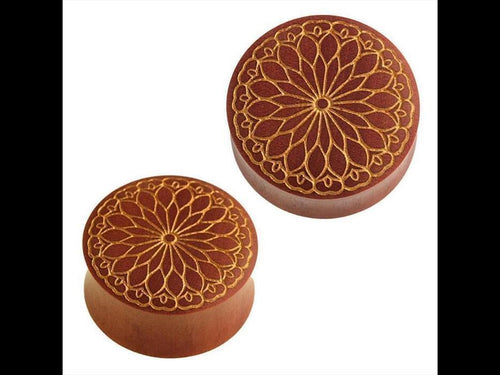 Holz Plug Blütenblatt Mandala Blume Sawoholz rotbraun golden Gravur