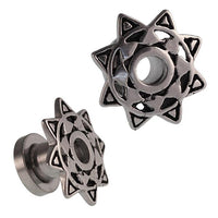 Load image into Gallery viewer, Edelstahl Tunnel doppelter Zackenstern silbern oxidiert Schraubtunnel
