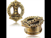 Load image into Gallery viewer, Brass Tunnel Thors Hammer Viking Thor antik golden Messing Expander Plug Schmuck
