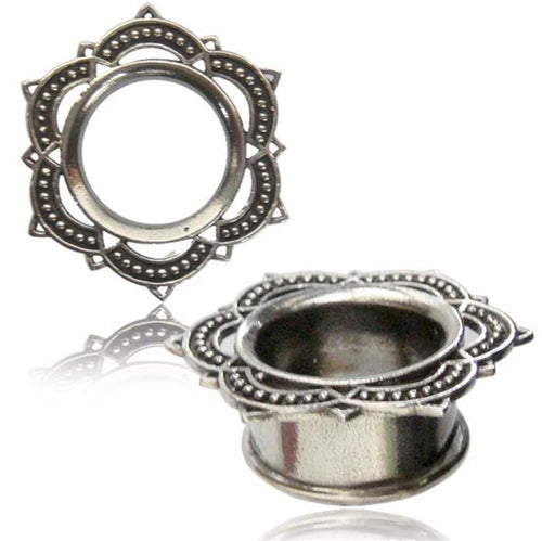 White Brass Tunnel Lotus Blume antik silbern nickelfrei Plug Organic Messing Expander Ohrschmuck
