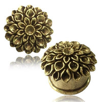 Load image into Gallery viewer, Brass Tunnel Plug 3D Blume Blütenblätter antik golden Messing Schmuck
