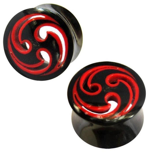 Two black unisex Tribal Buffalo Horn Plugs, handcarved with red patterns, are displayed from multiple angles on a white background.