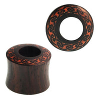 Load image into Gallery viewer, A handcrafted Tunnel Sonoholz plug, double flared with a red crushed stone Bogen Kranz inlay, is shown from the side and top.
