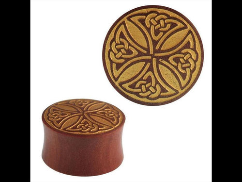 Plug Sawoholz rotbraun Keltenkreuz golden double flared Handarbeit