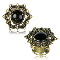 Load image into Gallery viewer, Brass Plug Lotus Blume Onyx Stein antik golden Tunnel Organic Messing
