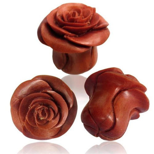 Plug Sawo Holz Rose rotbraun Tunnel Unisex Ohrschmuck Ohrstecker Ohrringe handgeschnitzt