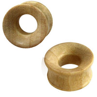 Load image into Gallery viewer, Two cylindrical Holz Flesh Tunnel Krokodilholz hellbraun ribbed Plugs with flared edges and a central hole. The light brown wood showcases natural grains, offering stylish comfort for gedehnte Ohren.
