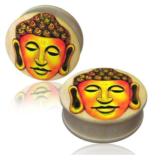 Holz Plug hell Buddha Kopf handbemalt orange gelb Tunnel Organic Ohrschmuck Ohrstecker Ohrringe