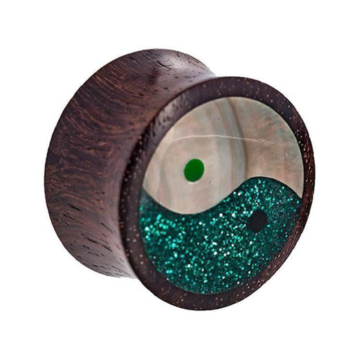 Organic Holz Plug Yin Yang Glitzer Resin grün Black Shell Tribal
