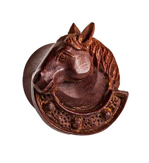 Organic Holz Plug braun handgeschnitzt Pferdekopf Hufeisen Pferd Tribal