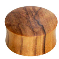 Load image into Gallery viewer, The Olivenholz Flesh Plug Lobe Piercing Holz Double Flared features a round, flat shape with a smooth surface and visible natural wood grain, hand-carved for a unique, organic appearance.
