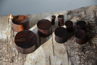 Load image into Gallery viewer, Several polished Teakholz Holz Plug Tunnel Expanders in various sizes rest on a textured tree trunk. Sunlight highlights the dark, richly grained Teakholz plug, casting gentle shadows and showcasing this unique unisex Ohrschmuck.
