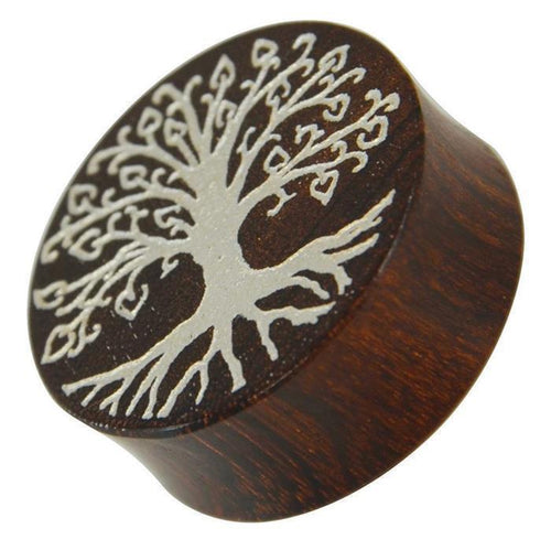 A round, dark wooden plug with a silver Yggdrasil tree engraved on top—a stylish Holz Plug Baum des Lebens Yggdrasil silber double flared for a unique look.