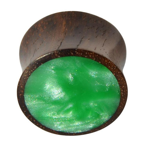 The Holz Plug Sonoholz grün schillernd Resin Inlay double flared is a round wooden plug with a green, shimmery marble-like resin inlay on one end, shown against a white background.