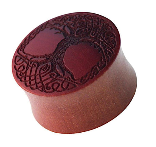 A round, brown wood plug with a double flared shape, deeply engraved with a dark Tree of Life and an intricate braided border—Plug braun Holz Baum des Lebens dunkel Gravur Flechtrand.