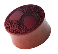 Load image into Gallery viewer, A round, brown wood plug with a double flared shape, deeply engraved with a dark Tree of Life and an intricate braided border—Plug braun Holz Baum des Lebens dunkel Gravur Flechtrand.
