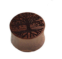 Load image into Gallery viewer, The Plug Teakholz Baum des Lebens double flared braun is a round, brown wooden plug engraved with the Tree of Life design, showing branches and roots on top—ideal as unique Holzschmuck. Shown on a white background.
