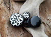 Load image into Gallery viewer, Three black plugs sit on driftwood: two are horn with white engraved star patterns and black bands, and the third is a plain, glossy black horn plug.
