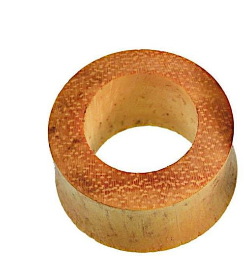 The Jackfrucht Holz Tunnel ocker Pünktchen konvex dick is a cylindrical ring with a smooth surface, made from layered wood in a brown ocher shade with dotted accents, and features a wide central hole and convex thick design.