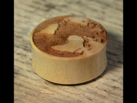 Load image into Gallery viewer, A small, round Flesh Plug Weltkarte Holz Welt Erde Globus double flared with a raised continental relief rests on a textured wooden background.
