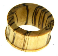 Load image into Gallery viewer, The Bananenholz Flesh Tunnel hell ribbed straight konvex features a flared edge and showcases unique dark brown and tan striped grain patterns in natural wood.
