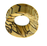 Load image into Gallery viewer, A ribbed, straight concave Bananenholz Flesh Tunnel in a light tone with dark natural grain patterns is shown against a white background.
