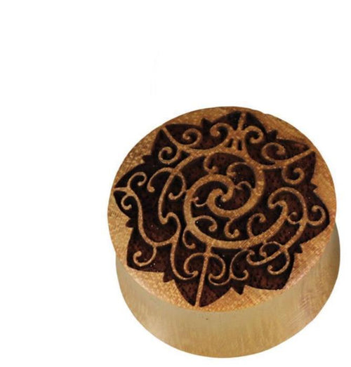 Jackfrucht Holz Plug Handgeschnitzter braun gelb feine Ornamente Tribal Expander