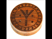 Load image into Gallery viewer, The Holz Plug Teakholz Rune Leben Tod Punkte double flared is a round wooden ear piercing plug featuring runic engravings around the edge, a large central Rune resembling Algiz with three dots, all set against a white background.
