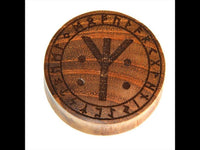 Load image into Gallery viewer, The Holz Plug Teakholz Rune Leben Tod Punkte double flared is a circular wooden ear plug with visible teak wood grain, featuring a prominent central rune design and smaller engraved runic symbols around the edge.
