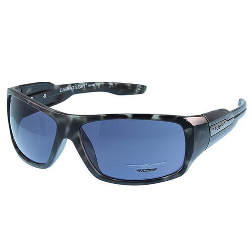 Black and gray marbled Sonnenbrille Herren Sportbrille Fahrradbrille eckig with dark blue 400UV lenses, subtle wing logo on the left lens, decorative wing detail on temples, and ELEMENT EIGHT inscribed inside the arm.