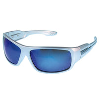 Load image into Gallery viewer, The Sonnenbrille Herren Sportbrille Fahrradbrille eckig 400UV stabil Rahmen features a sleek silver wraparound design with thick frames, blue mirrored lenses, and full UV 400 protection. Displayed at an angle on a white background.
