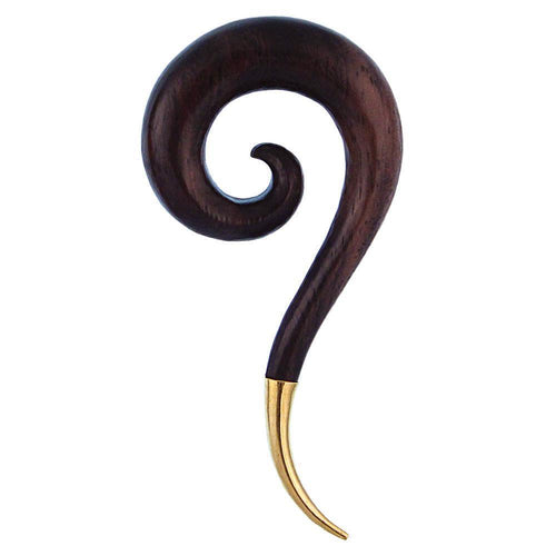 A decorative piece inspired by the graceful curves of the Piercing Holz Sonoholz Spirale Brass Spitze Plug Ohrstecker Expander, crafted from dark polished wood with a golden pointed tip, resembling a question mark.
