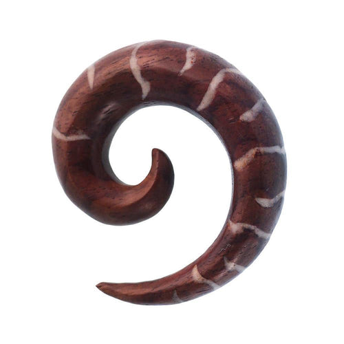Tribal Holz Pircing Expander, braune Spirale mit weißem Boneinlay, aus Tamarindholz, 6mm, Plug, Tunnel, Ohrhänger, Ohrstecker
