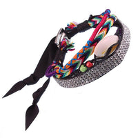 Load image into Gallery viewer, Armband Stoffband Muschel Glaskristalle handgefädelt Brass 37 cm Ibiza Hippie Style
