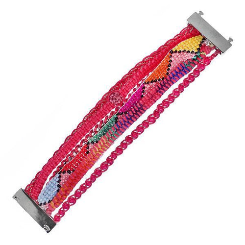 A vibrant Armband for women in Ibiza Hippie style, handgefädelt from Kunstseide, brass, cotton, and pink Perlen. Features multi-strands with a central geometric woven pattern and silver-tone Magnetverschluss; 19 cm length.