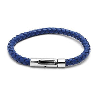 Load image into Gallery viewer, A blue "Lederarmbänder rund geflochten Farben" Armband mit Knopfverschluss, unisex und nickelfrei, auf weißem Hintergrund.
