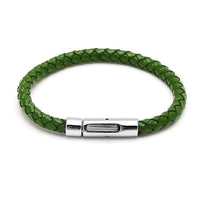 Load image into Gallery viewer, A round green braided Lederarmband from "Lederarmbänder rund geflochten Farben Armband Leder Knopfverschluss unisex nickelfrei" with a shiny silver stainless steel Knopfverschluss, shown on a white background.
