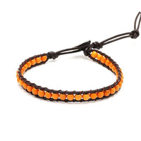 Load image into Gallery viewer, The Lederarmbänder Achat gefärbt Perlen bunt Armband Leder verstellbar unisex features small orange dyed agate beads strung between two dark brown leather cords with an adjustable knot closure.
