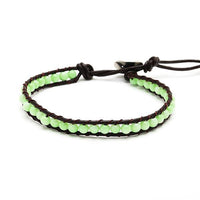 Load image into Gallery viewer, The "Lederarmbänder Achat gefärbt Perlen bunt Armband Leder verstellbar unisex" features light green Achat-Perlen in a single row, strung on dark brown Lederband, with a knotted loop and button closure.
