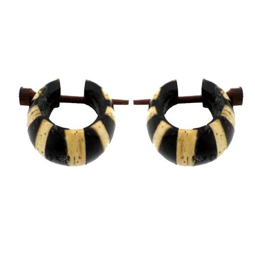 Holzcreolen, schwarz-beige Holzcreolen, handgeschnitzt aus Kokosholz und Harz, 16mm, Pin-Ohrringe