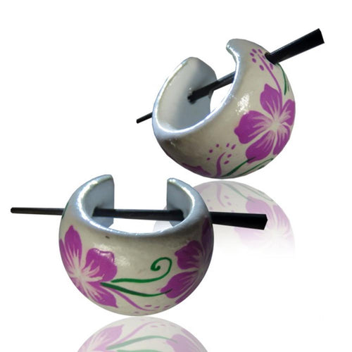Hawaii Blume lila Holzcreolen weiß grün Pin-Ohrringe Pin-Creolen Holz Horn Pin handbemalt 16 mm