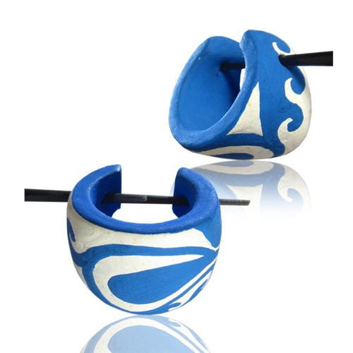 blau Holzcreolen weiß Pin-Ohrringe Pin-Creolen Wellen handbemalt Holz Horn Pin 16 mm