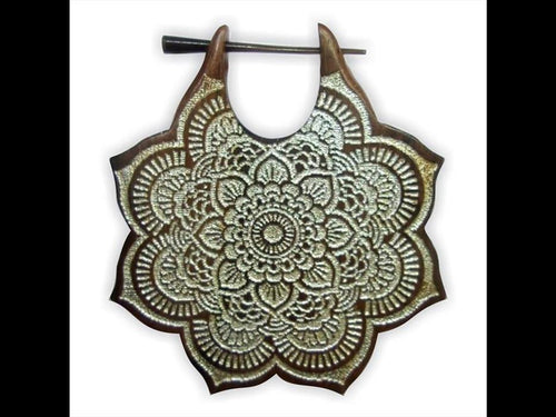 Holz Pin Creolen 47mm dunkelbraun Ohrringe Mandala Blume gold silber bemalt